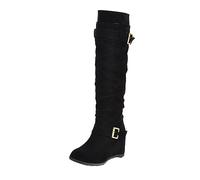 Serria Ankle Boots for Women Suede Belt Buckle Decoration with Elevated Wedge Heel Long Boots Knee High Boots Flat (Black, 5)