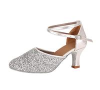 Serria High Heels for Women Wide Fit Closed Toe Heels Pointed Toe Heels Low Block Chunky Court Shoes with Ankle Strap Fashion Party Dress Work Evening Party Prom Wedding Bridal Heeled Shoes Silver