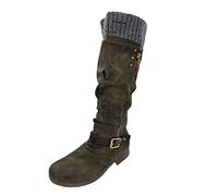 Serria Knee High Boots Women Wide Calf Lace up Vintage Knitted Patchwork Ruched Low Heels Winter Boots with Side Zipper Over The Knee Knit Chunky Platform Boots Round Toe Knee Length (#A-Green, 7)