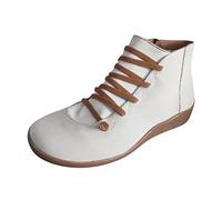 Serria Women Ankle Boots Lace Up Flat Low Heel Classic Fashion Boots Ladies Warm Rubber Sole Round Toe Side Zipper Comfy Boots Fit Around The Ankle Warm Winter Boots for Lined Hiking (#B-White, 6)