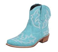 Serria Women's Western Cowboy Ankle Boots, Classic Embroidery, Pointed Toe, Zipper, Warm Lined, Fall Winter, Size 6 UK, Turquoise