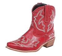 Serria Women's Wide Fit Cowboy Ankle Boots Classic Embroidered Pointed Toe Western Style Low Heeled Warm Lined Fall Winter Boots for Party Occasion, Red, Size 7 UK