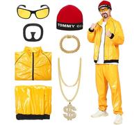 SERTAS 90s Fancy Dress Costumes for Adults,80's 90's Yellow Shell Set,Ali g Costume,Funny Rapper Outfit with Necklace Glasses Beard 6 Pcs Set for Mardi Gras Halloween Party (Red, XL)