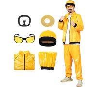 SERTAS 90s Fancy Dress Costumes for Adults,80's 90's Yellow Shell Set,Ali g Costume,Funny Rapper Outfit with Necklace Glasses Beard 6 Pcs Set for Mardi Gras Halloween Party (Yeallow, L)