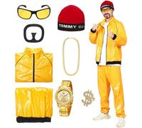 SERTAS 90s Fancy Dress Costumes for Adults,80's 90's Yellow Shell Set,Ali g Costume,Funny Rapper Outfit with Necklace Glasses Beard 6 Pcs Set for Mardi Gras Halloween Party (Red B, M)