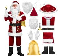 SERTAS Deluxe 12-Pcs Santa Suit Costume for Adults,Santa Costume for Adults with Classic Red Jacket,Christmas Fancy Dress Outfit for Holiday Parties (XL)