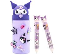 SERTAS Girls Pencil Case,Cute Stationary,Kawaii Soft Silicone School Pencil Case,Purple Cartoon Theme Pen Holder,Stand Up Pen Case with Two Ten-Color Notebook Pens (Purple)