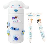SERTAS Girls Pencil Case,Cute Stationary,Kawaii Soft Silicone School Pencil Case,Purple Cartoon Theme Pen Holder,Stand Up Pen Case with Two Ten-Color Notebook Pens (White)