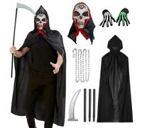SERTAS Grim Reaper Halloween Costume Set for Adults,Grim Reaper Costume Set with Cloak Scythe Chain Gloves Mask Halloween Costumes Mens (A)