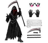 SERTAS Grim Reaper Halloween Costume with Glowing Red Eyes for Kids Boys, 7 Pcs Halloween Grim Reaper Costume Set with Glasses Scythe Chain Belt (A, 155)