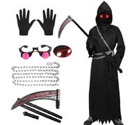 SERTAS Grim Reaper Halloween Costume with Glowing Red Eyes for Kids Boys, 7 Pcs Halloween Grim Reaper Costume Set with Glasses Scythe Chain Belt (A, 135)