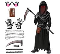 SERTAS Grim Reaper Halloween Costume with Glowing Red Eyes for Kids Boys, 8 Pcs Halloween Grim Reaper Costume Set with Glasses Scythe Chain Belt (135)