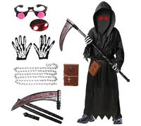 SERTAS Grim Reaper Halloween Costume with Glowing Red Eyes for Kids Boys, 8 Pcs Halloween Grim Reaper Costume Set with Glasses Scythe Chain Belt (150)