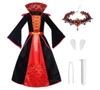 SERTAS Halloween Costumes for Kids,Vampire Costume Kids,Girls Halloween Costume with Vampire Teeth Necklace Sticker,HalloweenGothic Vampiress Dress,KidsHalloween Costumes Girls (130CM)