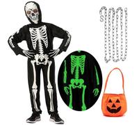 SERTAS Kids Glow-in-the-Dark Skeleton Ghost Costume - Halloween Scary Dress Up with Jumpsuit Chain and Pumpkin Bag