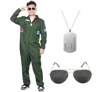 SERTAS Men Pilot Costume Aviator Fancy Dress,Halloween Costumes men,Green Aviator Flight Suit with Pilot Jumpsuit Necklace Sunglasses,Halloween Party Cosplay Outfit for Men Adult Cosplay(XL)