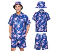 SERTAS Mens Hawaiian Shirt and Shorts Hat Set,Hawaiian Shirts for Men,Summer Hawaiian Shirt Shiteshirts,Shiteshirts for Indoor Outdoor Beach Seaside Holiday Size S-3XL (Blue, XXL)