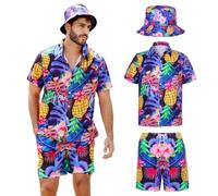 SERTAS Mens Hawaiian Shirt and Shorts Hat Set,Hawaiian Shirts for Men,Summer Hawaiian Shirt Shiteshirts,Shiteshirts for Indoor Outdoor Beach Seaside Holiday Size S-3XL (Purple, 2XL)