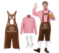SERTAS Oktoberfest Outfit Mens,Mens Bavarian Costume Oktoberfest Fancy Dress,Adult Deluxe Authentic Lederhosen,Plaid Shirt and Suspenders Suit (Red, XL)