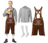 SERTAS Oktoberfest Outfit Mens,Mens Bavarian Costume Oktoberfest Fancy Dress,Adult Deluxe Authentic Lederhosen,Plaid Shirt and Suspenders Suit (Grey, M)