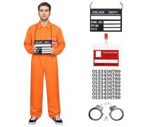 SERTAS Orange Prisoner Costume,Orange Prison Jumpsuit Mens Halloween Inmate Outfit,Prisoner Jumpsuit Men with Name Tag for Halloween Costume (A, XL)