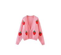 SERUMY Cardigan Loose Sweet Strawberry Embroidered Knitted Cardigan Women Sweater Autumn New Long-Sleeved Temperament Short Top-Pink,One Size