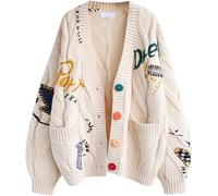 SERUMY Cardigan Loose Sweet Strawberry Embroidered Knitted Cardigan Women Sweater Autumn New Long-Sleeved Temperament Short Top-Beige,One Size