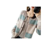 SERUMY Cardigan Winter New Pure Cashmere Cardigan Women Color Matching Plus Size Sweater Wool Shirt O-Neck Knit Thick Coat Lady Jacket-Camel,M