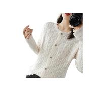 SERUMY Cardigan Women New Pure Cashmere Cardigan Sweater Fashion O-Neck Hollow Large Size Coat Spring Autumn 100% Wool Knit Shirt Female Jacket-Light Beige,M