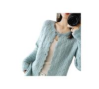 SERUMY Cardigan Women New Pure Cashmere Cardigan Sweater Fashion O-Neck Hollow Large Size Coat Spring Autumn 100% Wool Knit Shirt Female Jacket-Green Lake,M