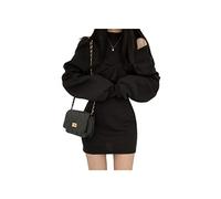 SERUMY Knitted Dress Casual R Round Long Sleeve Fake Two Piece Black Sweater Dress Body-Con Slim Hollow Out Tight Mini Knitted Dress-Black,One Size