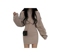 SERUMY Knitted Dress Casual R Round Long Sleeve Fake Two Piece Black Sweater Dress Body-Con Slim Hollow Out Tight Mini Knitted Dress-Yan Mai,One Size