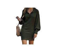 SERUMY Knitted Dress Lounge Wear Women Autumn Winter Straight Mini Dress Casual Turn-Down Collar Long Sleeve Ladies Knitted Dress-02 Army Green,M