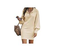 SERUMY Knitted Dress Lounge Wear Women Autumn Winter Straight Mini Dress Casual Turn-Down Collar Long Sleeve Ladies Knitted Dress-08 Beige,S
