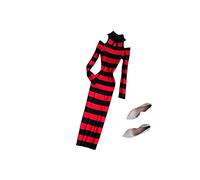 SERUMY Knitted Dress Retro Turtleneck Slim Striped Print Autumn Winter Body-Con Knit Sweater Midi Dress Off Shoulder Women Casual Long Sleeve-Black Red,One Size