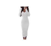 SERUMY Knitted Dress Women Long Sleeve V Neck Backless Ribbed Body-Con Slim Fit Knitted Midi Dress-White,M