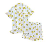 SERUMY Ladies Pyjamas Smile Face Cotton Women Home Clothes Lapel Long-Sleeved 2 Piece Outfit Clothing Female Loose Women Sleepwears-Short Shorts Set,Xl