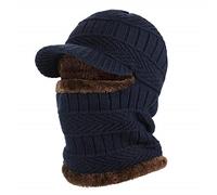 SERUMY Winter Hats For Men 3-In-1 Winter Hats Men Solid Color Thick Plush Skullies Beanie Cap Neckerchief One-Pieces Caps Veil Faux Wool Bonnet Knitted Hat-Navy,56-60Cm