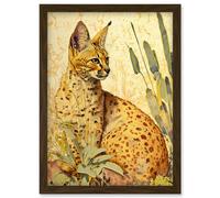 Serval Cat in Nature Detailed Watercolour and Ink Bright Illustration Artwork Framed Wall Art Print A4 Artery8 Brown One Size