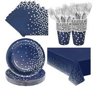 Serve 25 Guests Navy Blue Plates and Napkins Party Supplies,Blue and Silver Birthday Plates Disposable,Navy Blue Paper Plates and Napkins Cups Tablecloth