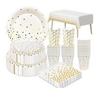 Serves 24 White Gold Party Supplies, 126Pcs Golden Dot Party Tableware Set - White and Gold Paper Plates and Napkins Cups Table Cloth etc for Wedding,Anniversary