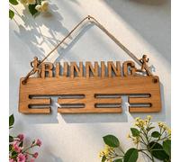Servewell Running Lady & Man Medal Hanger Display Rack, Wood, Oak Finish, Wall Mounted with Rope, Runners Silhouette Design (Two Tier 35x12cm)