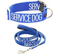 SERVICE DOG (Do Not Disturb/Dog Is Working) Blue Colour Coded S-M L-XL Dog Collar and 60cm 1.2m 1.8m Luxury Neoprene Padded Handle Lead Sets PREVENTS Accidents By Warning Others Of Your Dog In Advance (L-XL & 1.2m)