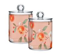 Serviceberry Fruit Peach Clear Plastic Candy Organizer Storage with lid Office Essentials Decorative Dental floss storage jar for Cotton Swabs,Cotton Pads,Floss Picks,Paper Clips,Hair Clips 2 Pack