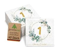 Serviettenshop 60 Napkins Eucalyptus Number 1 Wreath - Green White Gold - Paper Napkins Motif Birthday Anniversary 33 x 33 cm