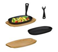 Serving Pan Cast Iron Grill Dish Wooden Trivet Set of 2 Removable Handle Black