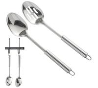 Serving Spoons Large, 2-Piece Stainless Steel Cooking Spoon Set, Slotted and Solid Spoons for Stirring Mixing Serving, 32 Cm Long Handle for Deep Pots and Hot Food