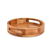 Serving Trays Acacia Wood Round Decoration Wooden Tray Unique Design for Serving, Coffee Table, Home Décor and Entertaining (10" x 10" x 1.6")