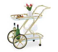 Relaxdays Serving Trolley, 4 Castors, 2 Shelves, HxWxD: 80 x 43 x 85 cm, Cart for Drinks and Snacks, Glass & Iron, White