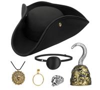Servllcell 6Pcs Pirate Hat,Pirate Costume Accessories Men With Eye Patch Earring Skull Necklace Silver Ring Hook,Halloween, Black, 6Pcs